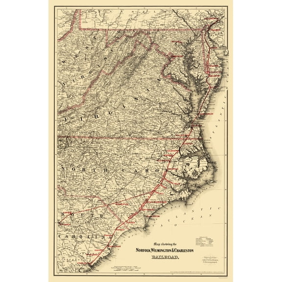 Railroad Map - Norfolk Wilmington and Charleston Railroad - Colton 1891 - 23 x 35.06 - Vintage Wall Art