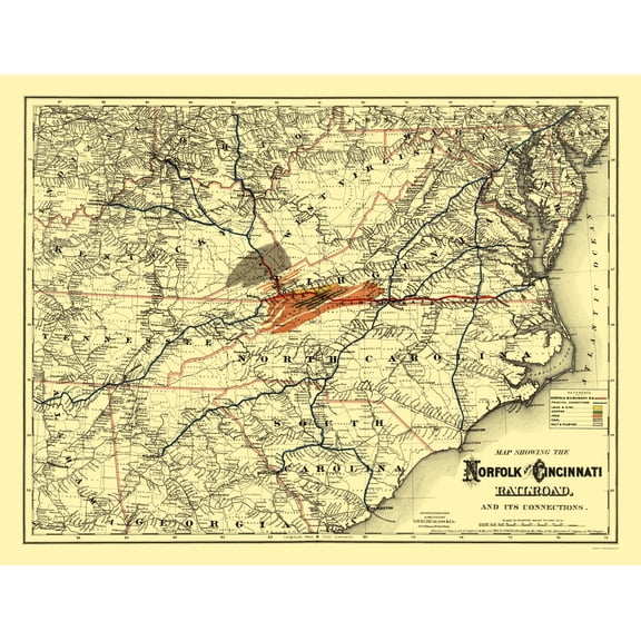 Railroad Map - Norfolk and Cincinnati Railroad - Colton 1882 - 23 x 30.04 - Vintage Wall Art