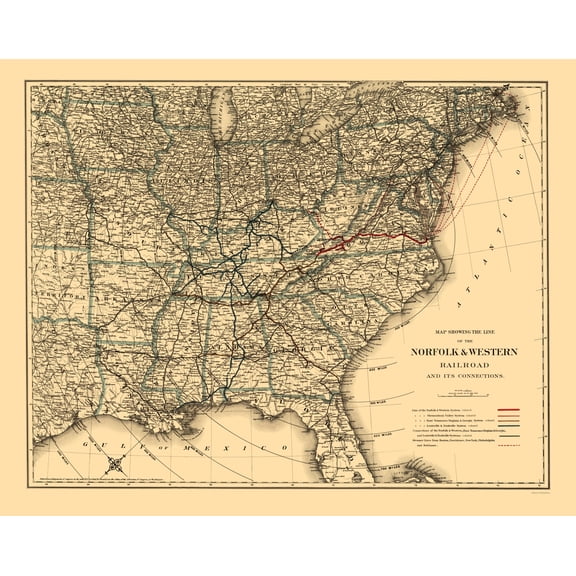 Railroad Map - Norfolk and Western Railroad - Colton 1887 - 23 x 28.94 - Vintage Wall Art