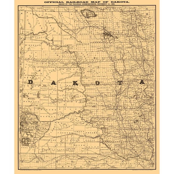 Railroad Map - North Dakota South DakotaRand McNally 1886  - Vintage Wall Art