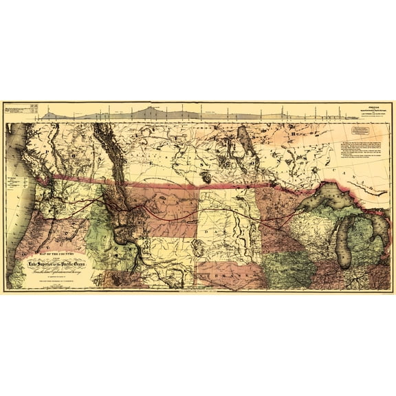 Railroad Map - Northern Pacific Lake Superior Pacific - Colton 1868 - 23 x 46 - Vintage Wall Art