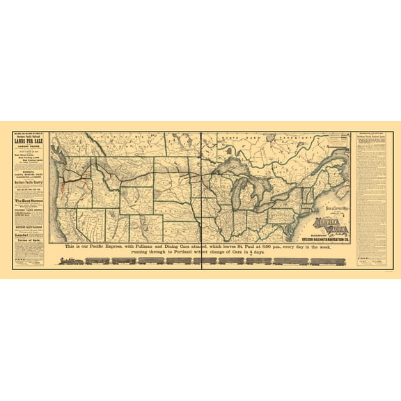Railroad Map - Northern Pacific Railroad - Rand McNally 1883 - 23 x 58.17 - Vintage Wall Art