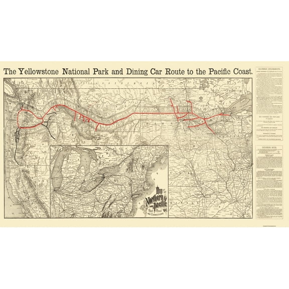 Railroad Map - Northern Pacific Railroad Yellowstone Route - Rand McNally 1897 - 40 x 23 - Vintage Wall Art