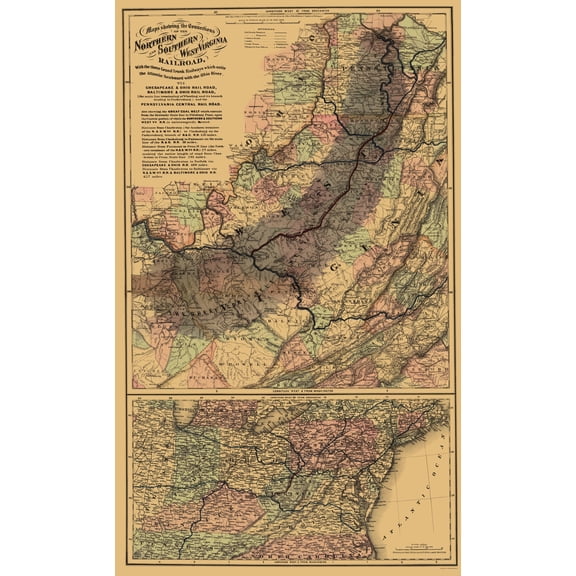 Railroad Map - Northern and Southern West Virginia Railroad 1873 - 23 x 38 - Vintage Wall Art