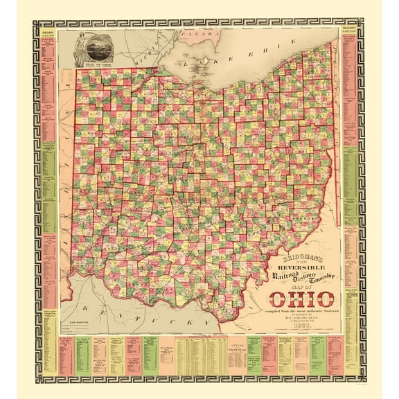 Railroad Map - Ohio Railroad Distances and Townships - Bridgman 1873 - 23 x 25 - Vintage Wall Art