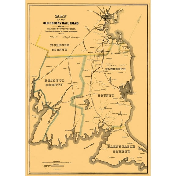 Railroad Map - Old Colony Railroad - Eaton 1850 - 23 x 32.30 - Vintage Wall Art