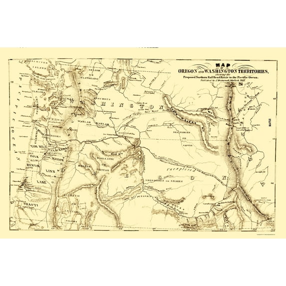 Railroad Map - Oregon and Washington Proposed Route - Disturnell 1855 - Vintage Wall Art