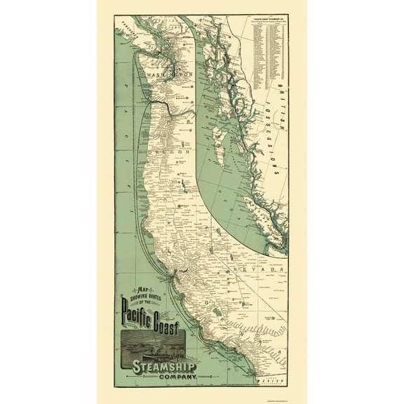 Railroad Map - Pacific Coast Steamship Company Routes - Rand McNally 1896 - 23 x 44 - Vintage Wall Art
