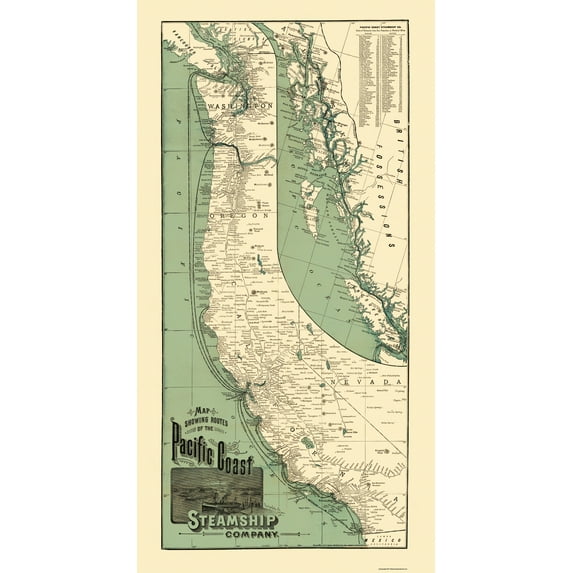 Railroad Map - Pacific Coast Steamship Company Routes - Rand McNally 1896 - 23 x 44 - Vintage Wall Art