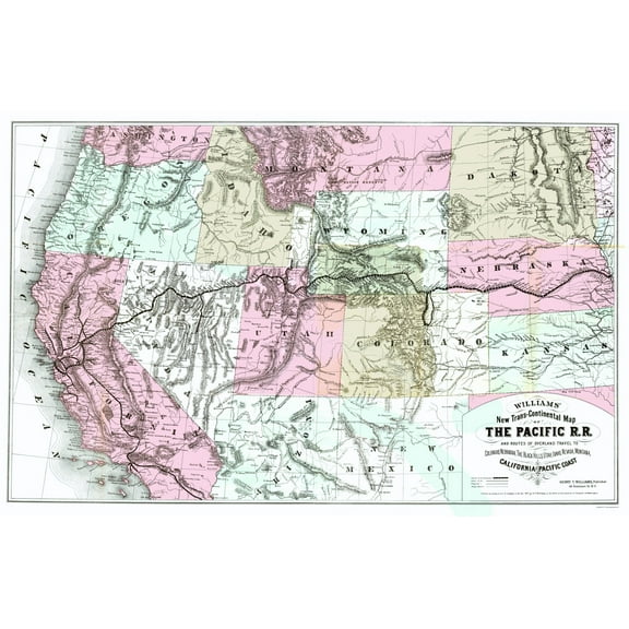 Railroad Map - Pacific Railroad California Routes - Williams 1877 - 23 x 35.70 - Vintage Wall Art