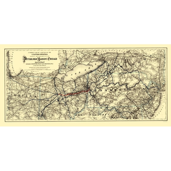 Railroad Map - Pittsburgh Marion and Chicago Railway - Colton 1887 - Vintage Wall Art