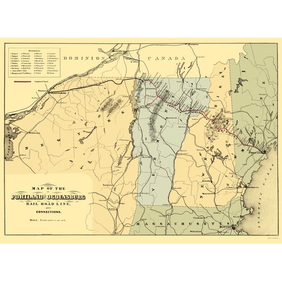 Railroad Map - Portland and Ogdensburg Railroad - Hatch 1850 - Vintage Wall Art