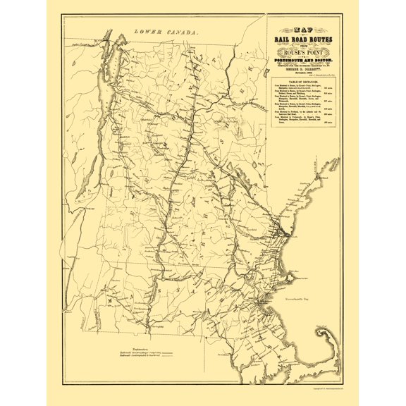 Railroad Map - Portsmouth and Boston Railroad Routes - Parrott 1848 - 23 x 29 - Vintage Wall Art