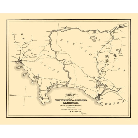 Railroad Map - Portsmouth and Concord Railroad - Carter 1845 - 23 x 28.44 - Vintage Wall Art
