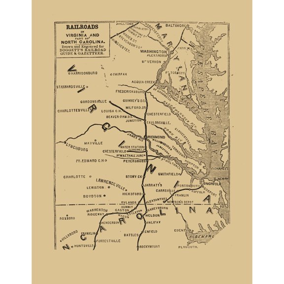 Railroad Map - Railroads Virginia North Carolina - 1848 - Vintage Wall Art