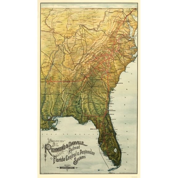 Railroad Map - Richmond and Danville Railroad - 1893 - 23 x 39 - Vintage Wall Art