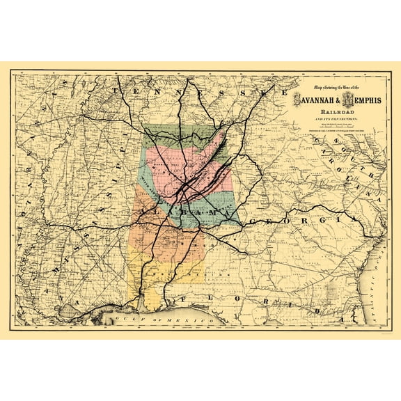 Railroad Map - Savannah and Memphis Railroad - Colton 1872 - Vintage Wall Art
