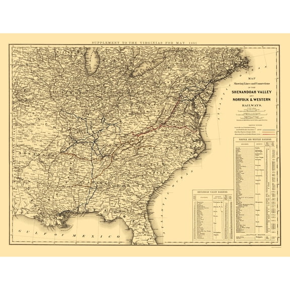 Railroad Map - Shenandoah Valley Norfolk and Western - Colton 1881 - 23 x 29 - Vintage Wall Art
