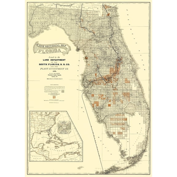 Railroad Map - South Florida Railroad Co - Matthews 1888 - 23 x 32.00 - Vintage Wall Art