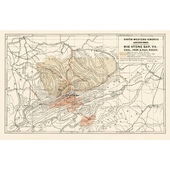 Railroad Map - South Western Virginia - Nader 1892 - 35.70 x 23 - Vintage Wall Art