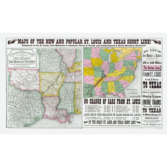Railroad Map - St Louis Iron Mountain and Southern Railway - 1878 - Vintage Wall Art