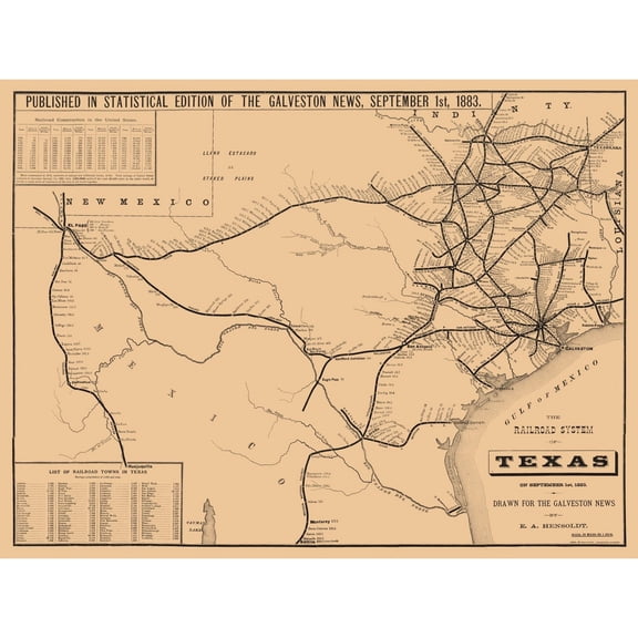 Railroad Map - Texas Railroad System - Hensoldt 1883 - 23 x 30.62 - Vintage Wall Art