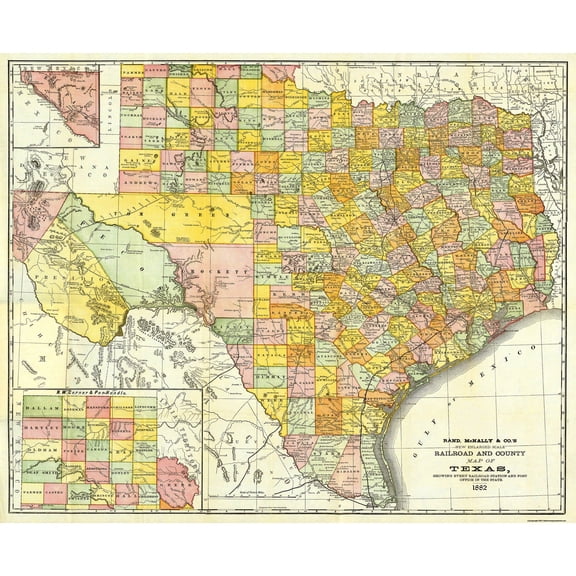 Railroad Map - Texas Railroads Counties - Rand McNally 1882 - 28.13 x 23 - Vintage Wall Art