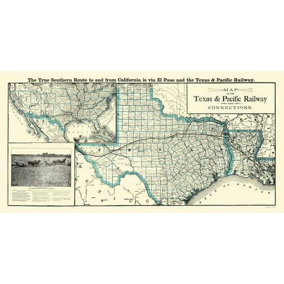 Railroad Map - Texas and Pacific Railway Connections - Woodward 1903 - 23 x 45 - Vintage Wall Art