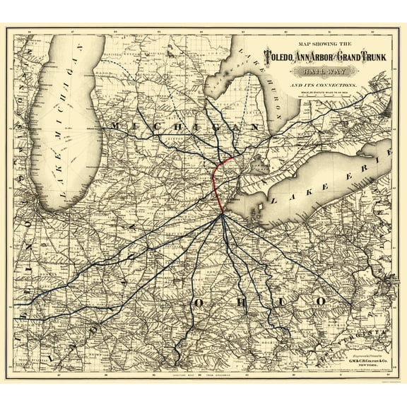 Railroad Map - Toledo Ann Arbor and Grand Trunk Railway - Colton 1881 - 23 x 25 - Vintage Wall Art