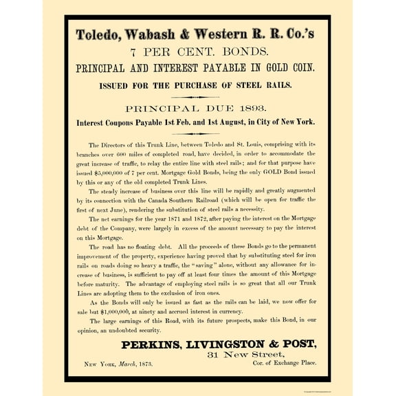 Railroad Map - Toledo Wabash and Western Railway 2 - Colton 1873 - 23 x 29 - Vintage Wall Art