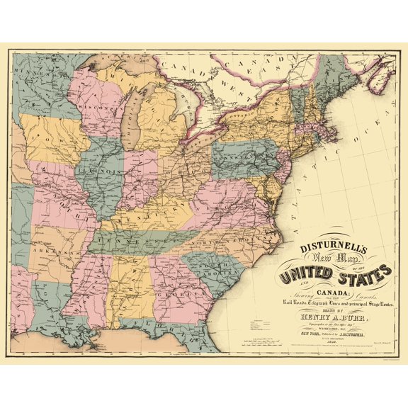 Railroad Map - US Eastern Railroad Telegraph Stage - Disturnell 1850