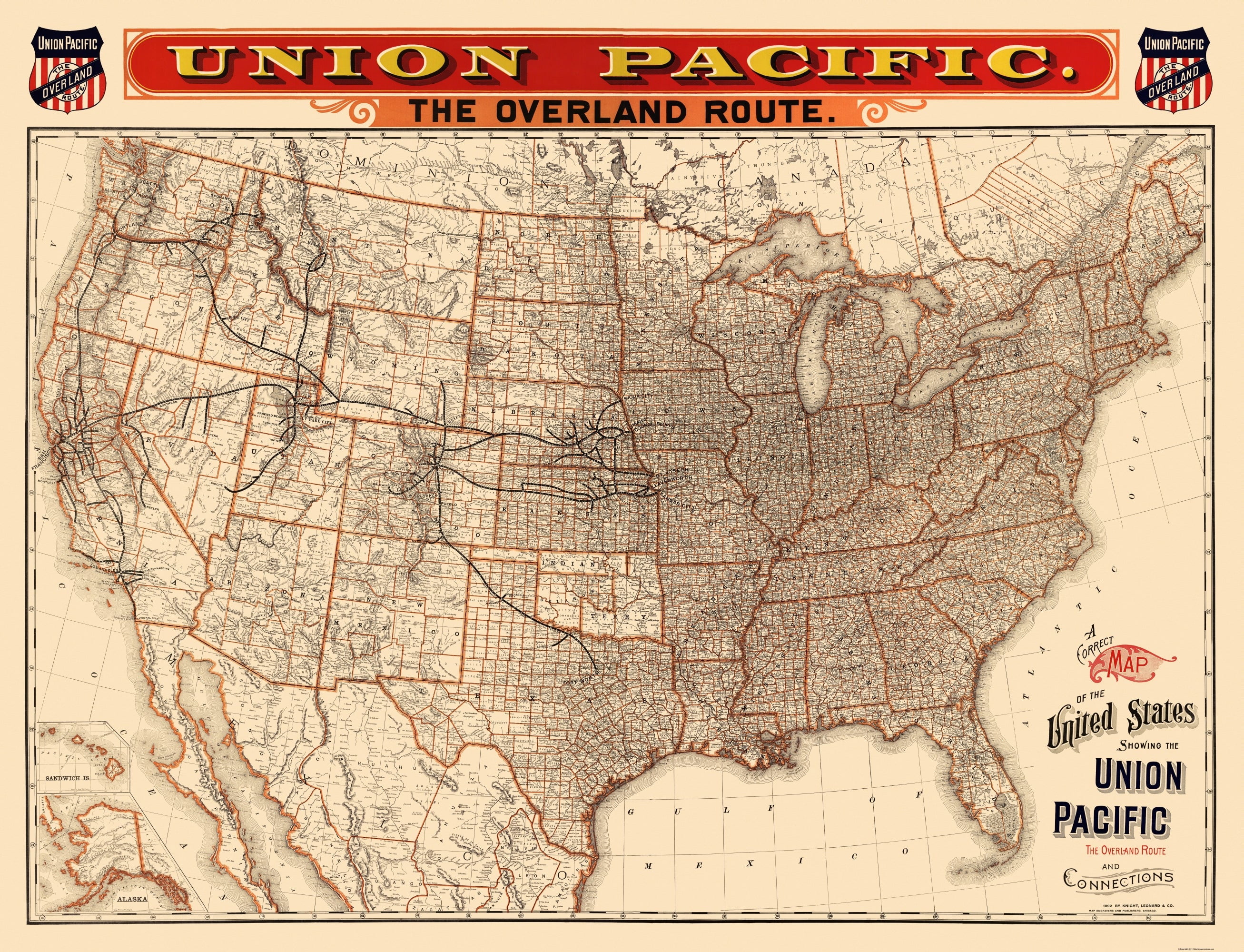 Railroad Map - Union Pacific Railroad - Knight 1892 - 30.06 x 23 ...