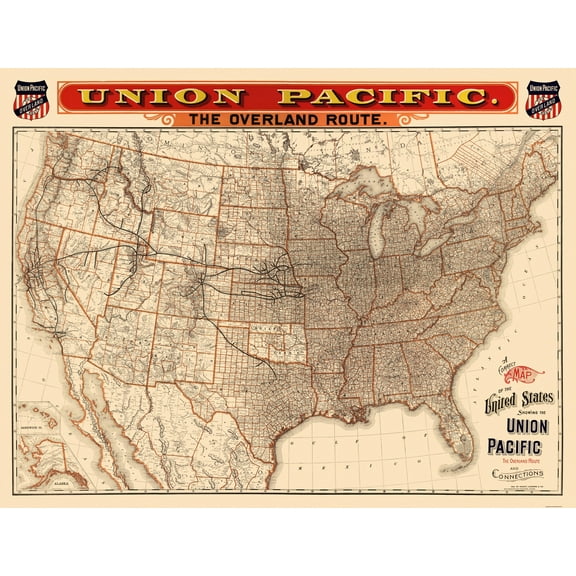 Railroad Map - Union Pacific Railroad - Knight 1892 - 30.06 x 23 - Vintage Wall Art