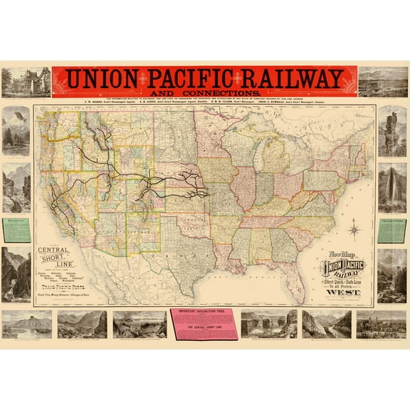 Railroad Map - Union Pacific Railway - Rand McNally 1883 - 23 x 32.60 - Vintage Wall Art