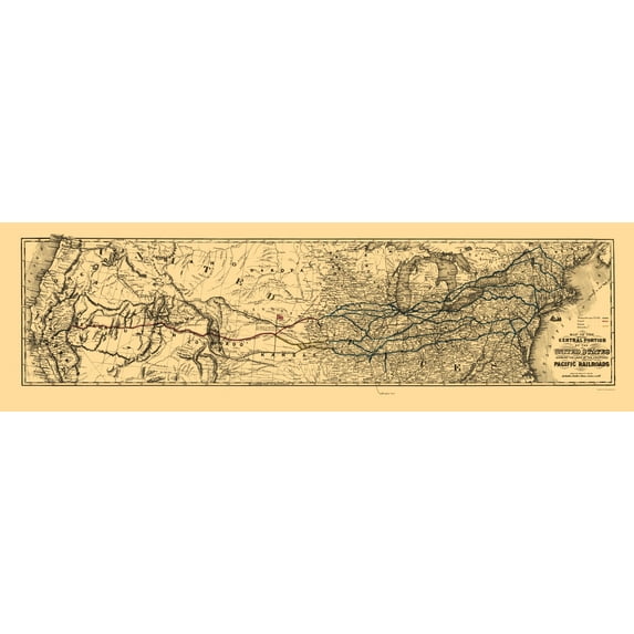 Railroad Map - United States Proposed Central Pacific Proposed - 1850 - Vintage Wall Art