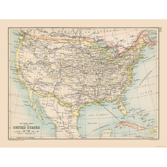 Railroad Map - United States Railway Map - Bartholomew 1892 - 29.87 x 23 - Vintage Wall Art