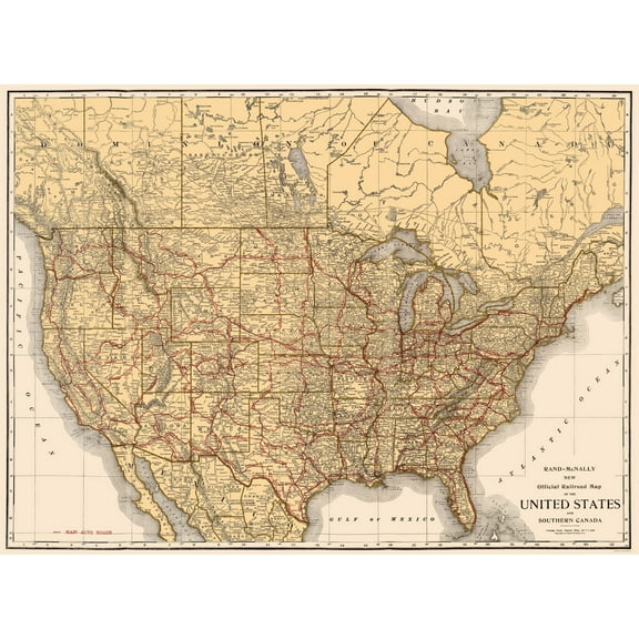 Railroad Map - United States Southern Canada Railroads - Rand McNally 1920 - 23 x 31 - Vintage Wall Art
