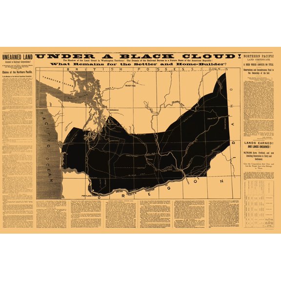 Railroad Map - Washington Land Grant Problems - 1883 - Vintage Wall Art