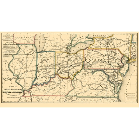 Railroad Map - Western Railroads Philadelphia Tributary - Williams 1851 - 23 x 42 - Vintage Wall Art