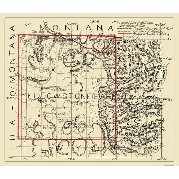 Railroad Map - Yellowstone Proposed Hotel Railroads - 1898 - 26.81 x 23 - Vintage Wall Art