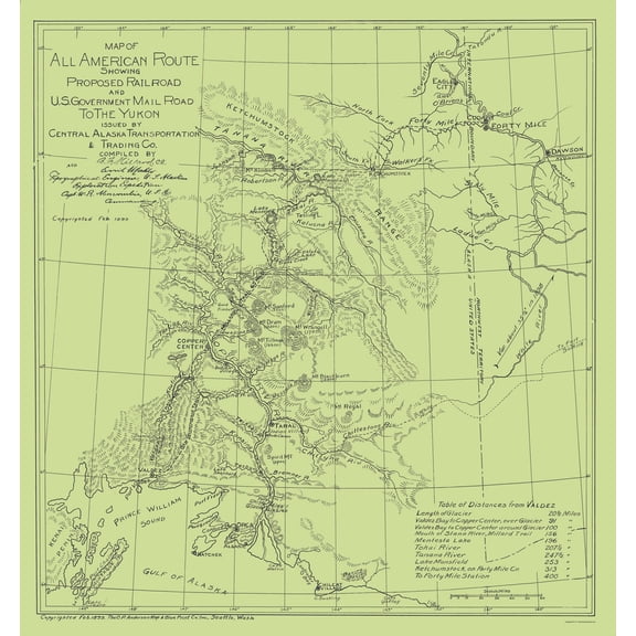 Railroad Map - Yukon Proposed Railroad and Mail Road - Millard 1899 - 23 x 24.51 - Vintage Wall Art