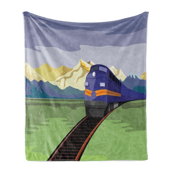 Railroad Soft Flannel Fleece Blanket, Countryside Scene with Mountains and Train Rural Composition Transportation Design, Cozy Plush for Indoor and Outdoor Use, 60" x 80", Multicolor, by Ambesonne