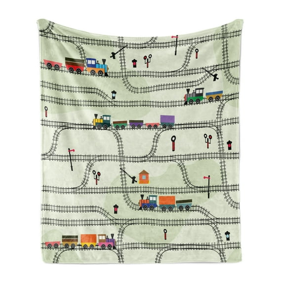 Railroad Soft Flannel Fleece Throw Blanket, Nursery Style Arrangement of Roads and Trains Locomotives Cartoon Kids Pattern, Cozy Plush for Indoor and Outdoor Use, 50" x 70", Multicolor, by Ambesonne