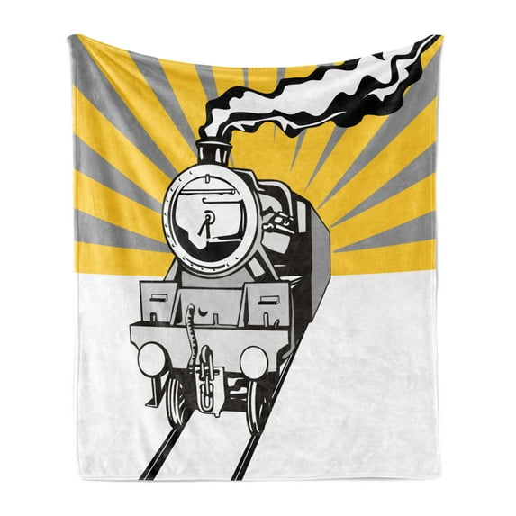 Railroad Soft Flannel Fleece Throw Blanket, Steaming Locomotive with Sunburst Effect on the Background, Cozy Plush for Indoor and Outdoor Use, 50" x 60", Yellow Grey, by Ambesonne