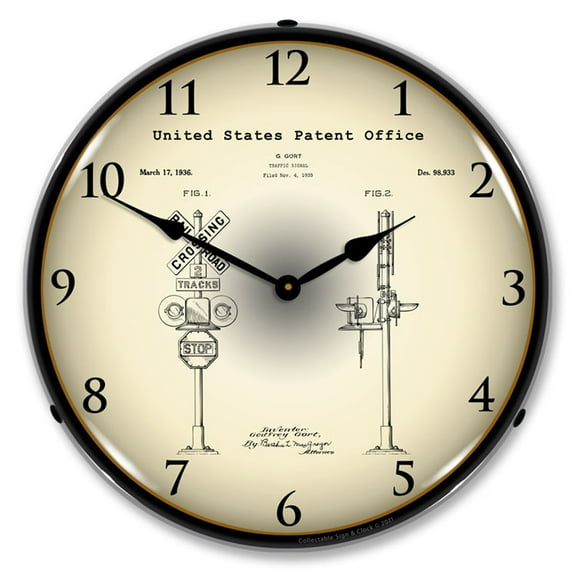 Railroad Train Crossing Signal 1935 Patent LED Lighted Premium Wall Clock