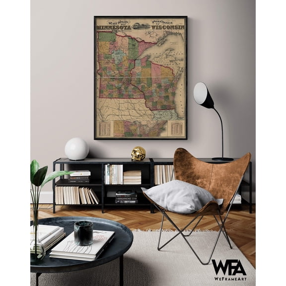 Railroad and post office map of Minnesota and Wisconsin 1871, Old Wisconsin Map, Minnesota Poster Print, Old US Railway Art, US Map Poster