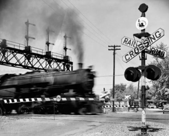 Railroad crossing sign at the railroad crossing Canvas Art - (18 x 24)