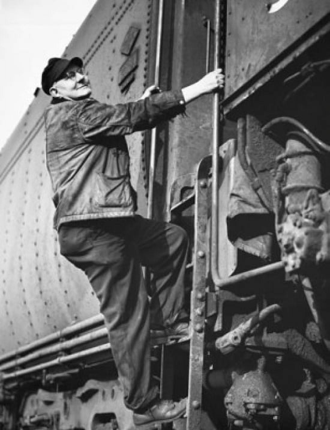 Railroad driver boarding a train engine Canvas Art - (24 x 36)