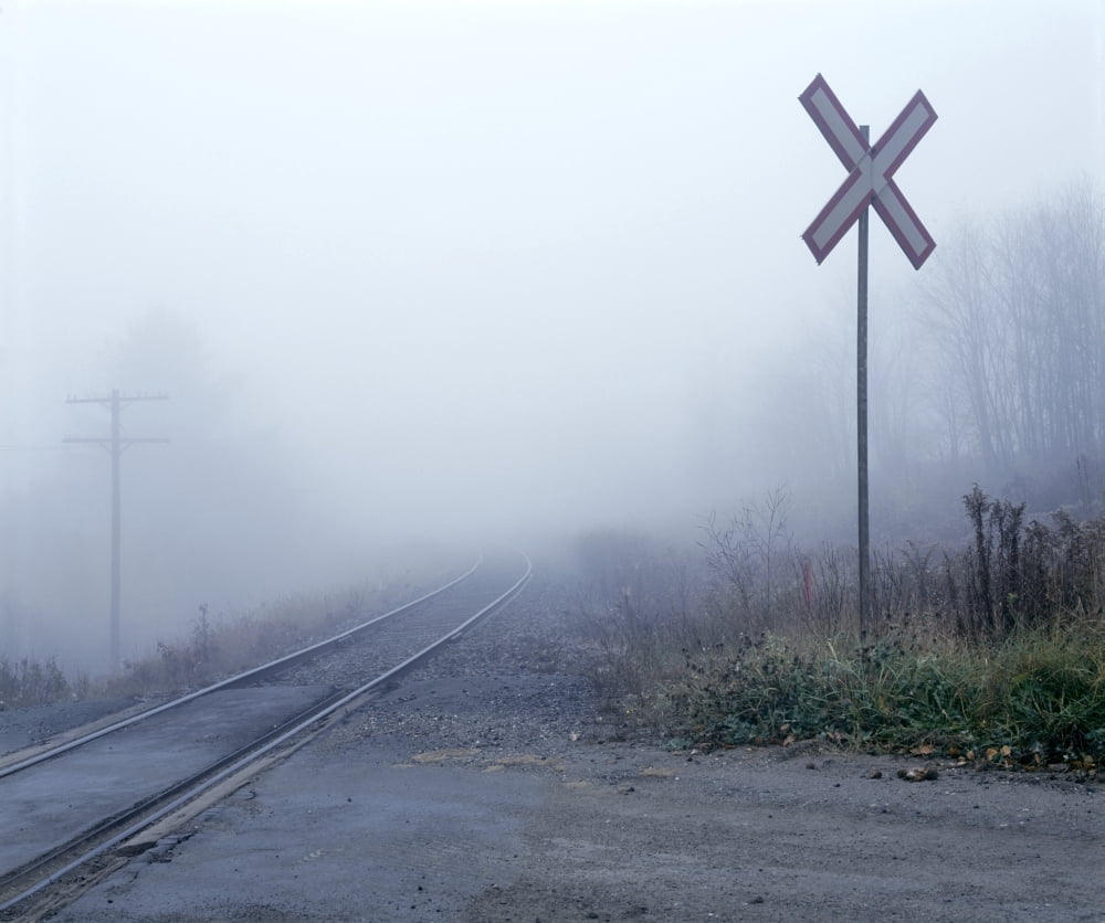 Railway Crossing In The Fog Canvas Art - David Chapman Design Pics (16 x 13)