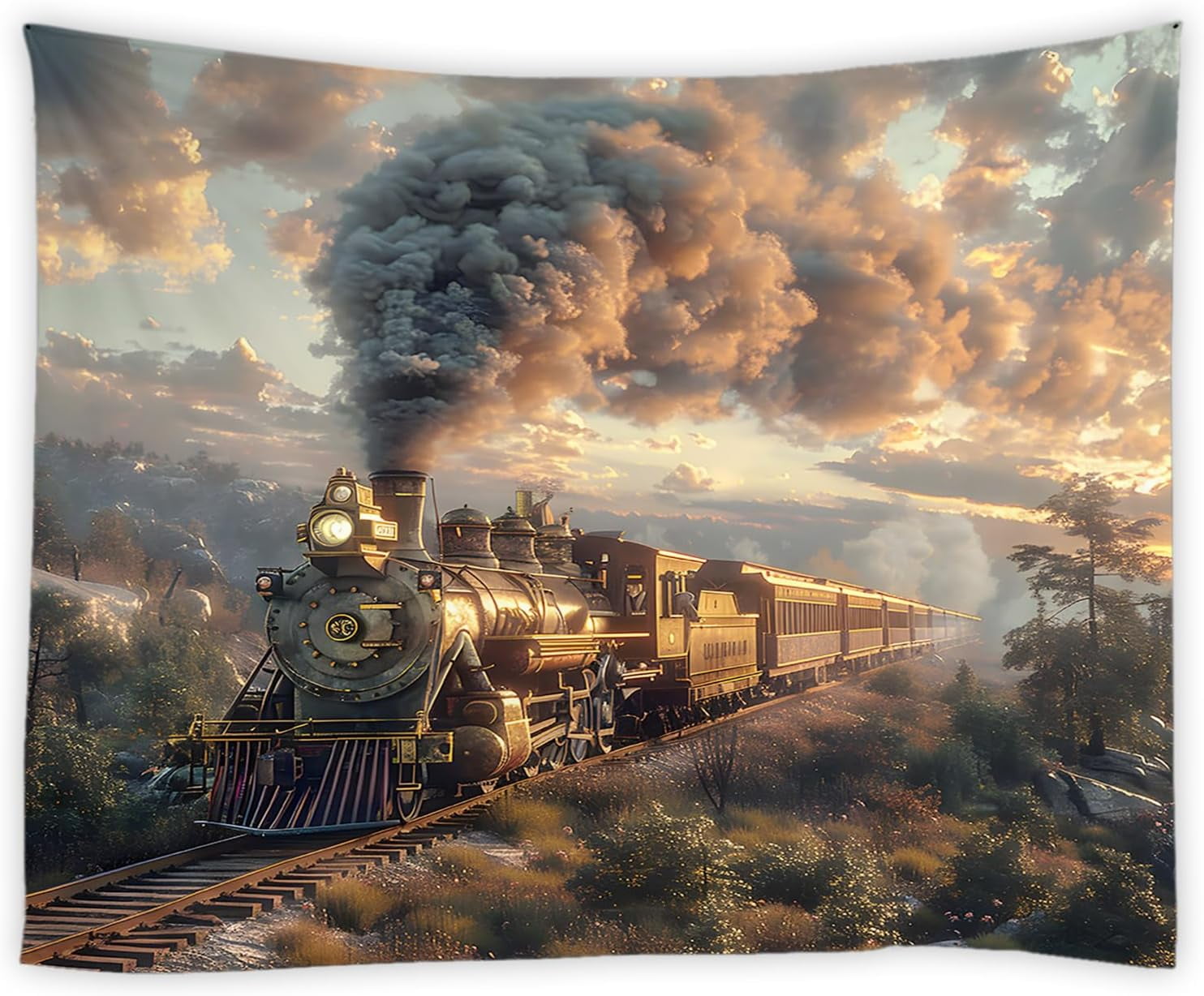 Railway Train Track Wall Tapestry Rustic Steam Engine Design Polyester ...